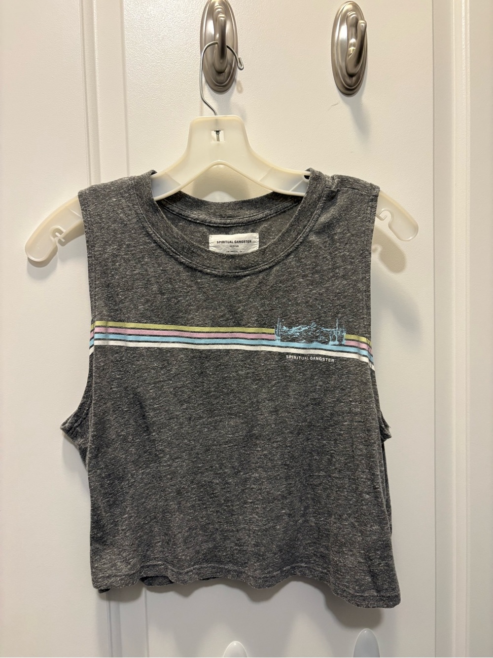 Spiritual Gangster Gray Cropped Tank with Pastel Stripes